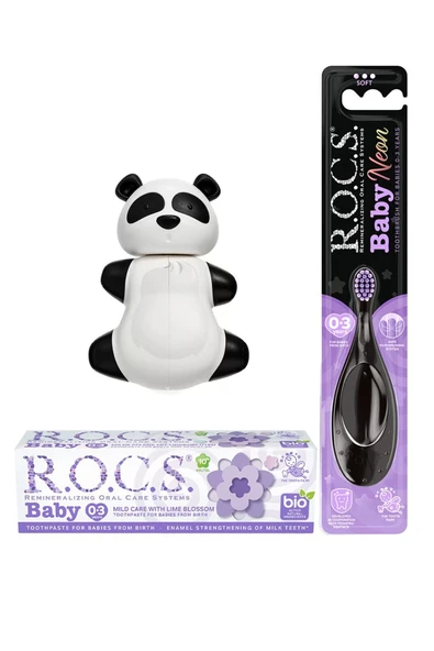 R.O.C.S. Baby Neon Komple Ağız Bakım Seti - Ihlamur Macun + Neon Fırçası Mor+panda Saklama Kabı ürün görseli 1