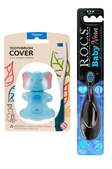 R.O.C.S. Baby Neon 0-3 Yaş Diş Fırçası Mavi Ve Flipper Hijyenik Saklama Kabı Seti -fil ürün görseli 1