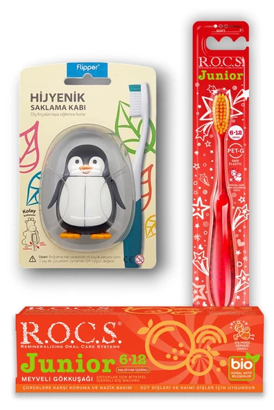 R.O.C.S. R.o.c.s 6-12 Penguen Bakım Seti - Gökkuşağı Diş Macunu+ Junıor Diş Fırçası Kırmızı+ Penguen Kabı ürün görseli 1