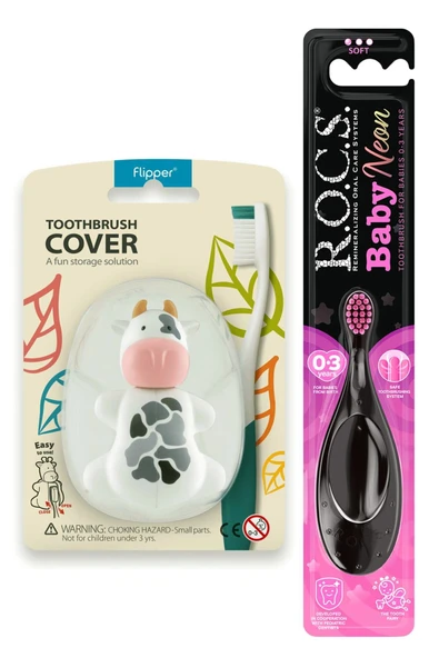 R.O.C.S. Baby Neon 0-3 Yaş Diş Fırçası Pembe Ve Flipper Hijyenik Saklama Kabı Seti - Inek ürün görseli 1