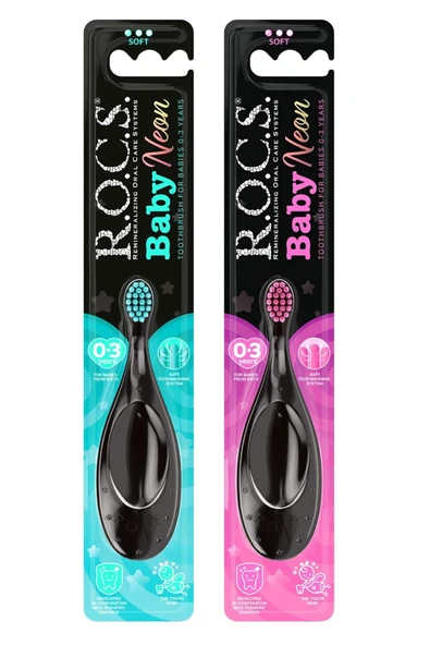 R.O.C.S. Baby Neon 0-3 Yaş Için Ekstra Yumuşak Diş Fırçası - 2'li Set - Pembe+turkuaz ürün görseli 1