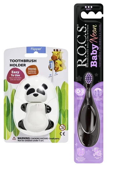 R.O.C.S. Baby Neon 0-3 Yaş Diş Fırçası Mor Ve Flipper Hijyenik Saklama Kabı Seti - Panda Figürlü ürün görseli 1