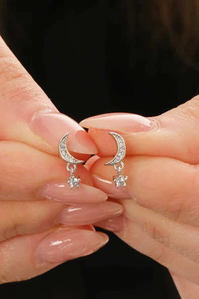 Gümüş rodyumlu zirkon taşlı sallantılı ay yıldız küpe SGTL12831RODAJ ürün görseli 1
