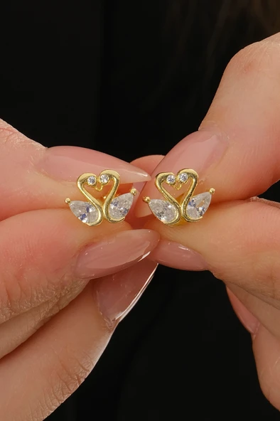 Gümüş altın yaldızlı damla kesim zirkon taşlı aşık kuğular küpe SGTL12839GOLD ürün görseli 1