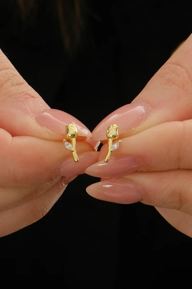 Gümüş altın yaldızlı markız kesim zirkon taşlı lale küpe SGTL12835GOLD ürün görseli 1