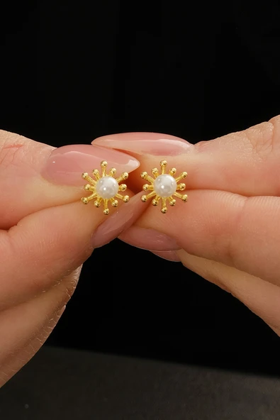 Gümüş altın yadızlı incili tomurcuk küpe SGTL12841GOLD ürün görseli 1