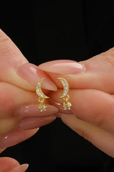 Gümüş altın yaldızlı zirkon taşlı sallantılı ay yıldız küpe SGTL12831GOLD ürün görseli 1