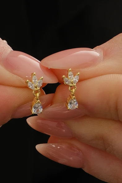 Gümüş altın yaldızlı zirkon taşlı damla sallantılı lotus küpe SGTL12836GOLD ürün görseli 1