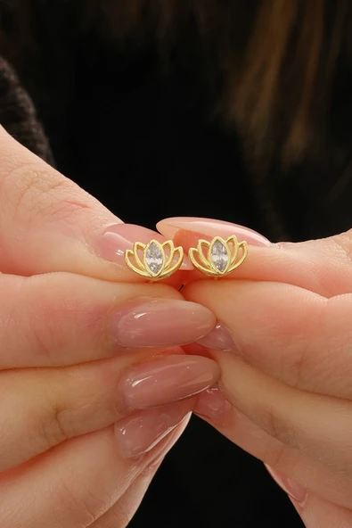 Gümüş altın yaldızlı markiz kesim zirkon taşlı lotus küpe SGTL12833GOLD ürün görseli 1