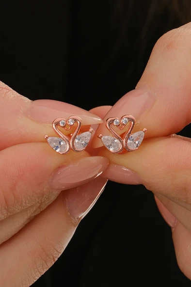 Gümüş rose damla kesim zirkon taşlı aşık kuğular küpe SGTL12839ROSE ürün görseli 1