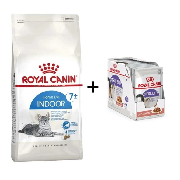 Royal Canin İndoor 7+ Yaşlı Kuru Kedi Maması 1,5 Kg + 12 Adet Yaş Mama ürün görseli 1