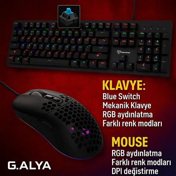 G.ALYA Gaming Oyuncu Klavye ve Mouse Set - RGB Aydınlatma, Blue Switch, DPI Ayarı, Hafif ve Serin Tasarım (GA-5301, GA-9 ürün görseli 1