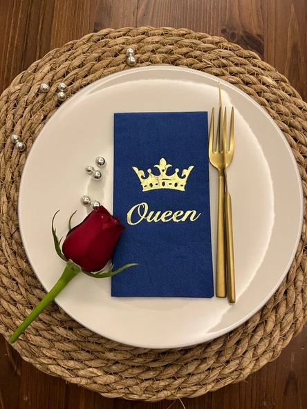 Gold Yaldızlı Bodrum Mavisi Queen Taç Detaylı Peçete 16 Adet ürün görseli 1