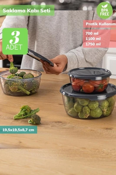 3’lü Saklama Kabı Seti Erzak Kabı Buzdolabı Kabı Orta Boy Bpa Free ürün görseli 1