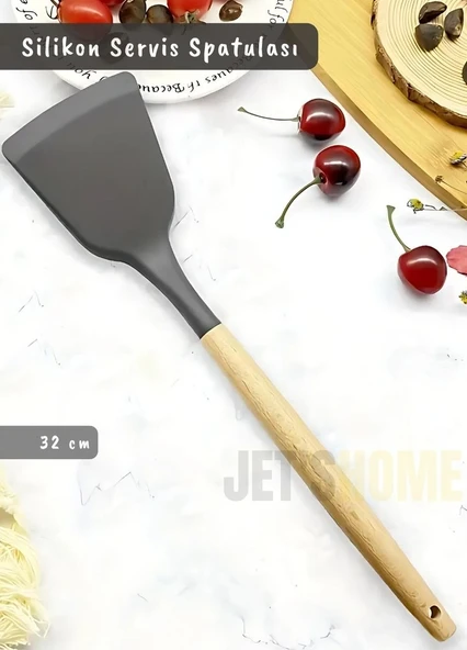 Silikon Servis Spatula Mutfak Kaşığı Pasta Spatulası Ahşap Saplı 32 Cm ürün görseli 1