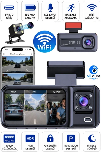 SNR-38 Wi-Fi 3 Kameralı Araç içi Güvenlik Kamerası IR Gece Görüşü G-Sensör Ön-arka-iç Kayıt Dashcam ürün görseli 1