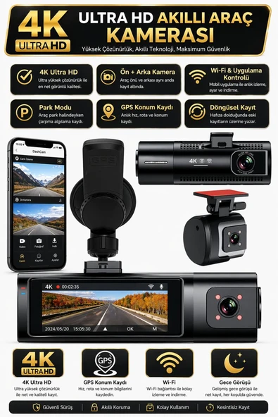 K17 4K Araç Kamerası Ön-Arka Çift Lens WiFi GPS Dash Cam Gece Net Kayıt  Araç İçi Güvenlik Kamerası ürün görseli 1