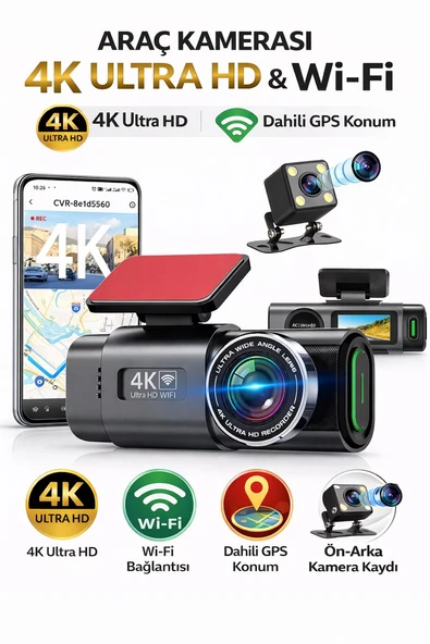 4K Araç Kamerası Çift Lens Ön-Arka - Wi-Fi GPS Park Modu Gece Görüşlü Araç içi Kamera L308 Dash Cam ürün görseli 1