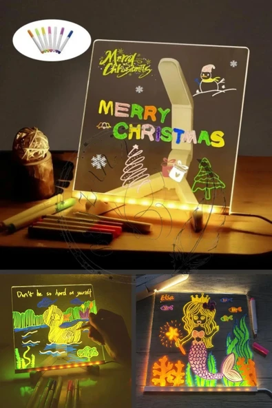 Orta Boy 20 X 20 cm Neon Mesaj Panosu Led Işıklı Yazı Çizim Tahtası Standlı 7 Keçeli Kalemli ürün görseli 1