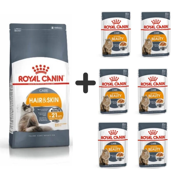 Royal Canin Hair&Skin Hassas Tüylü Kediler İçin Mama 4 kg + 6 Adet Yaş Mama ürün görseli 1