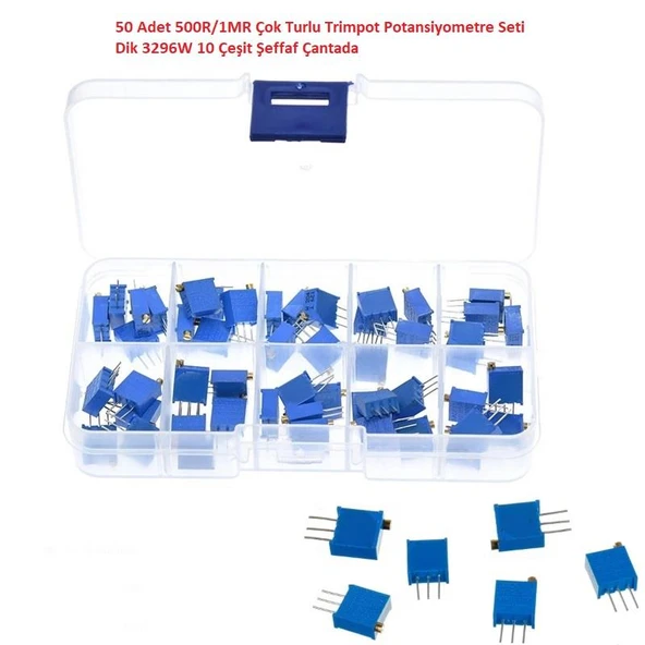 50 Adet 500R/1MR Çok Turlu Trimpot Potansiyometre Seti Dik 3296W 10 Çeşit Şeffaf Çantada ürün görseli 1
