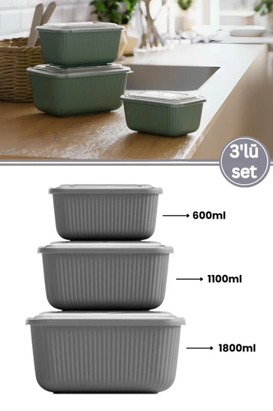 Flora 3’lü Erzak Gıda Saklama Kabı, Buzdolabı Düzenleyici Organizer 3’lü Set (600ml,1100ml,1800ml) ürün görseli 1
