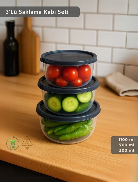Yuvarlak 3'Lü Saklama Kabı Bpa Free Derin Dondurucu için Uygun Beslenme Kabı 1100-700-300 ml ürün görseli 1