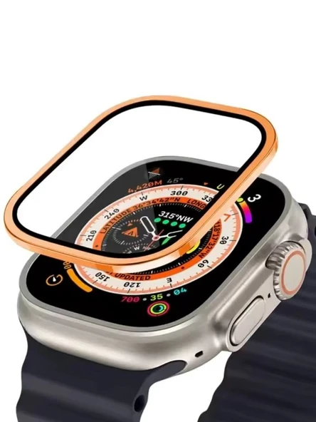 Apple Watch Uyumlu Ekran Koruyucu Turuncu 49mm Ultra 2-3 Temperli Akıllı Saat Camı Çizilmez Çelik Çerçeveli ürün görseli 1