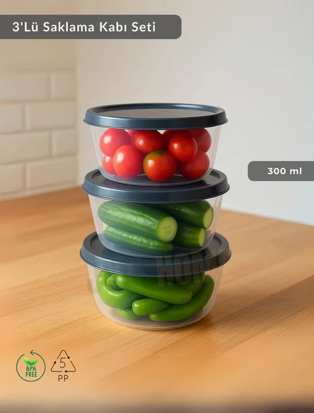 Yuvarlak 3'Lü Saklama Kabı Bpa Free Derin Dondurucu için Uygun Beslenme Kabı 300 ml ürün görseli 1