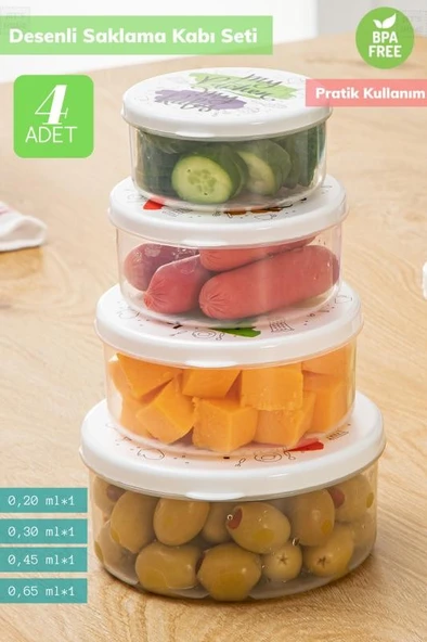 4’lü Desenli Saklabı Kabı Seti Erzak Kabı Buzdolabı Kabı Yuvarlak Bpa Free ürün görseli 1