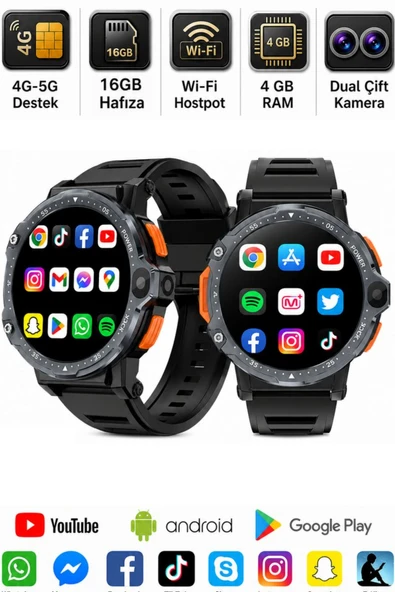 Watch PG 4G Sim Kartlı Android Akıllı Saat 16GB Kameralı WiFi - GPS Yetişkin ve Çocuk Saati 8-11 ürün görseli 1