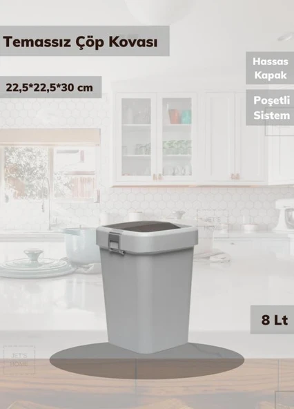Çöp Kovası Aç-Kapa Banyo Çöp Kutusu Küçük Mutfak Çöp Kovası Gri 8 Litre ürün görseli 1