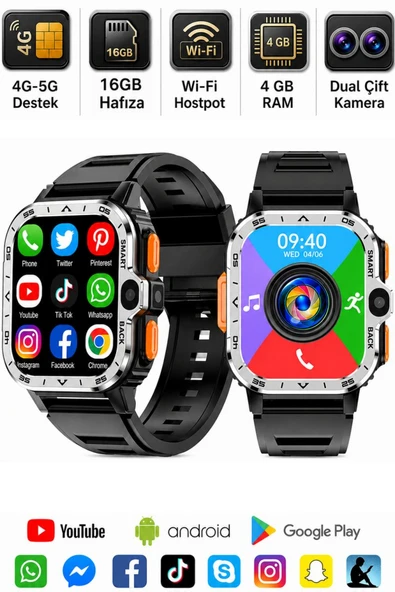 Watch PGD 4G Sim Kartlı Android Akıllı Saat 16GB Kameralı WiFi - GPS Yetişkin ve Çocuk Saati 8-11 ürün görseli 1