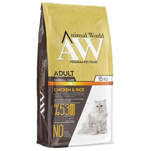 Animal World Hairball Tüy Yumağı Önleyici Tavuklu Yetişkin Kedi Maması 15 kg ürün görseli 1