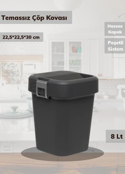 Çöp Kovası Aç-Kapa Banyo Çöp Kutusu Küçük Mutfak Çöp Kovası Siyah 8 Litre ürün görseli 1