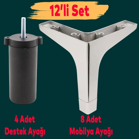 Mobilya Kanepe Sehpa Tv Ünitesi Koltuk Destek Ayağı 12 Cm Krom Baza Ayakları 12'li Set ürün görseli 1