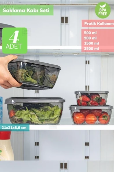 4’lü Kare Saklama Kabı Seti Erzak Kabı Buzdolabı Kabı Büyük Boy Bpa Free ürün görseli 1