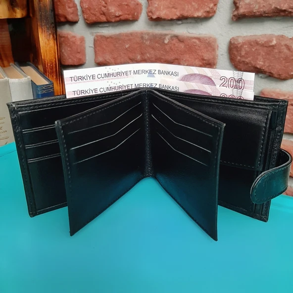 Hakiki Deri Erkek Bozuk Para Gözlü Çıtçıtlı Siyah Cüzdan gvn-0120 ürün görseli 1
