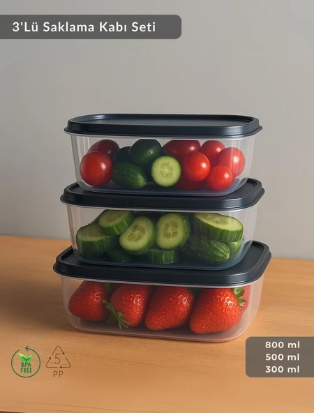 Dikdörtgen 3'Lü Saklama Kabı Bpa Free Derin Dondurucu için Uygun Beslenme Kabı 800-500-300 ml ürün görseli 1