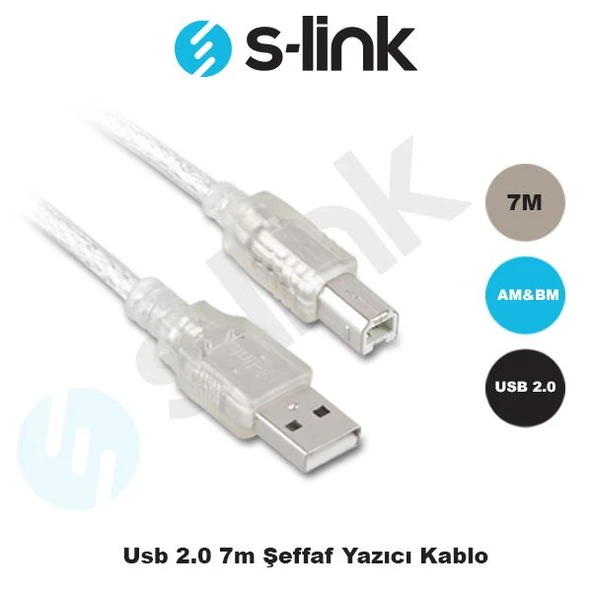 S-LINK SL-U2007 7 Metre USB 2.0 Seffaf Yazici Kablosu ürün görseli 1