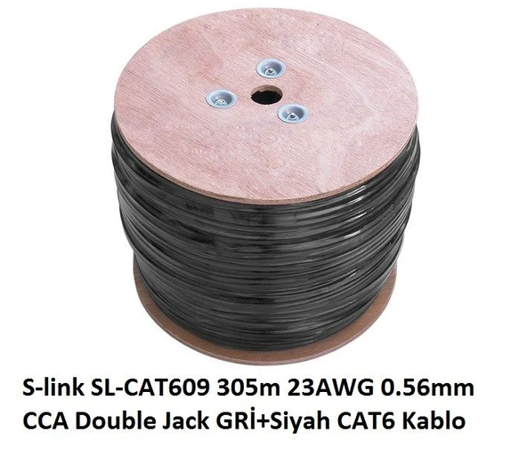 S-LINK 305m 23AWG 0.56mm CCA Double Jack GRI+Siyah CAT6 Kablo SL-CAT609 ürün görseli 1