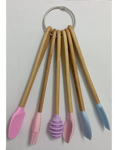 Renkli Bambu Saplı Silikon Uçlu Spatula Fırçalı Kaşık Ahşap Seti 6'lı 21cm ürün görseli 1