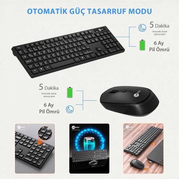 Lecoo Km2001 Klavye & Mouse Kablosuz Set Siyah - Resim 7