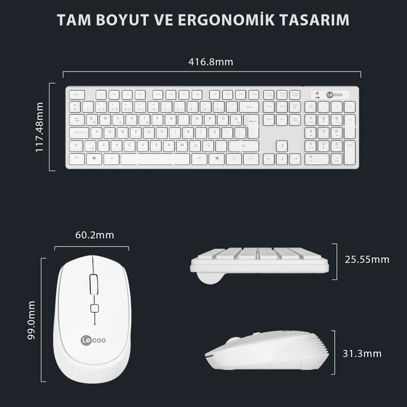 Lecoo Km2001 Klavye & Mouse Kablosuz Set Beyaz - Resim 3