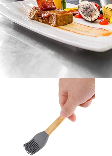 Yumurta Fırçası Ahşap Saplı Mutfak Fırçası Sos Fırçası Hamur Fırçası Silikon Gri 27 cm ürün görseli 1