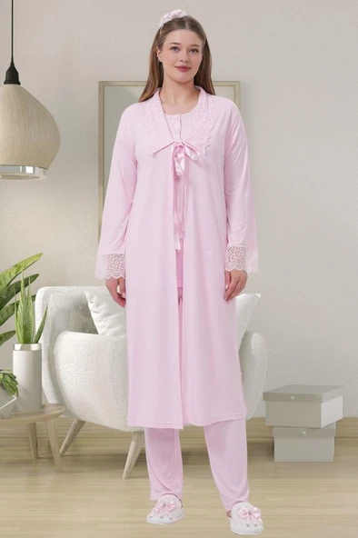 Mecit 1541 Bayan Hamile Lohusa Pembe Uzun Sabahlık Pijama Takımı ürün görseli 1