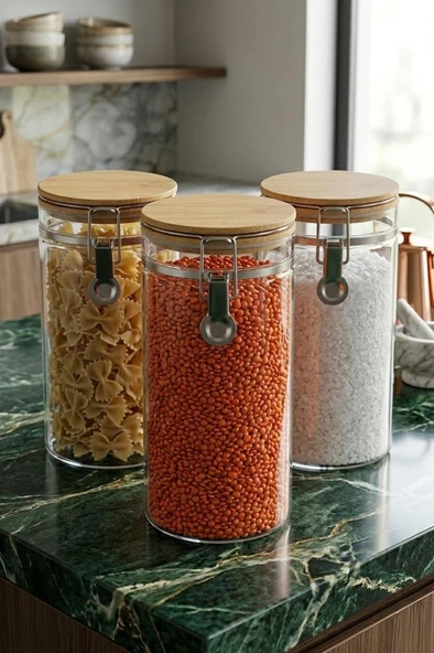 Bambum Mada 1300ml 20 Cm 3 Lü Kelepçeli Vakumlu Boroslikat Cam Set ürün görseli 1