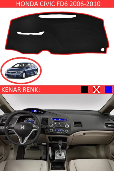 Torpido Koruma Halısı Siyah Kenar Renk Kırmızı Honda Civic FD6 2006-2010 ile Uyumlu ürün görseli 1