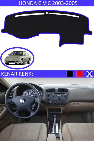 Torpido Koruma Halısı Siyah Kenar Renk Mavi Honda Civic Vtec2 2003-2005 ile Uyumlu ürün görseli 1