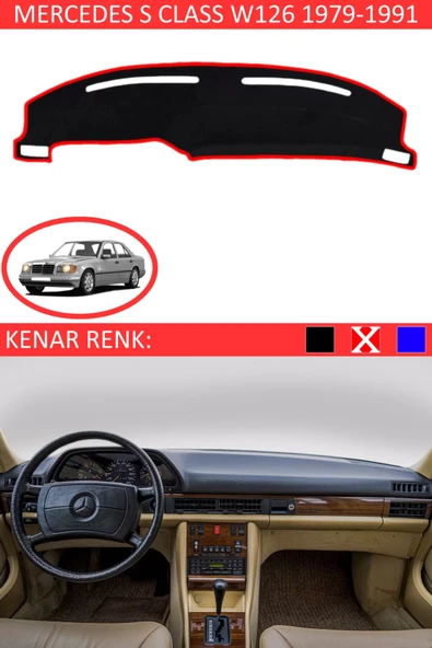 Torpido Koruma Halısı Siyah Kenar Renk Kırmızı Mercedes S Class W 126 1979-1991 ile Uyumlu ürün görseli 1